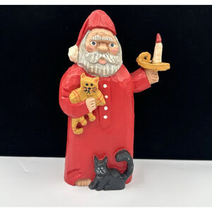 1996 Jim Clement Hand Carved Wood Santa & Cats Folk Art Whimsical VTG Christmas